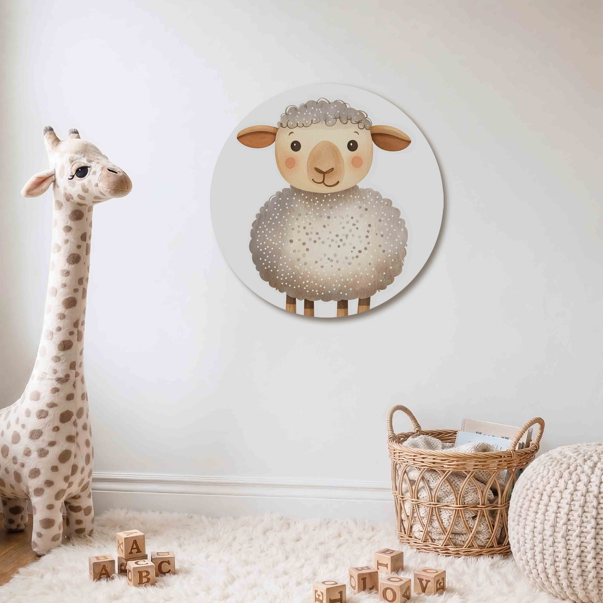 Schattig schaap Muurcirkel – Een vriendelijk schaap met een wollige vacht in zachte beige en bruine tinten.