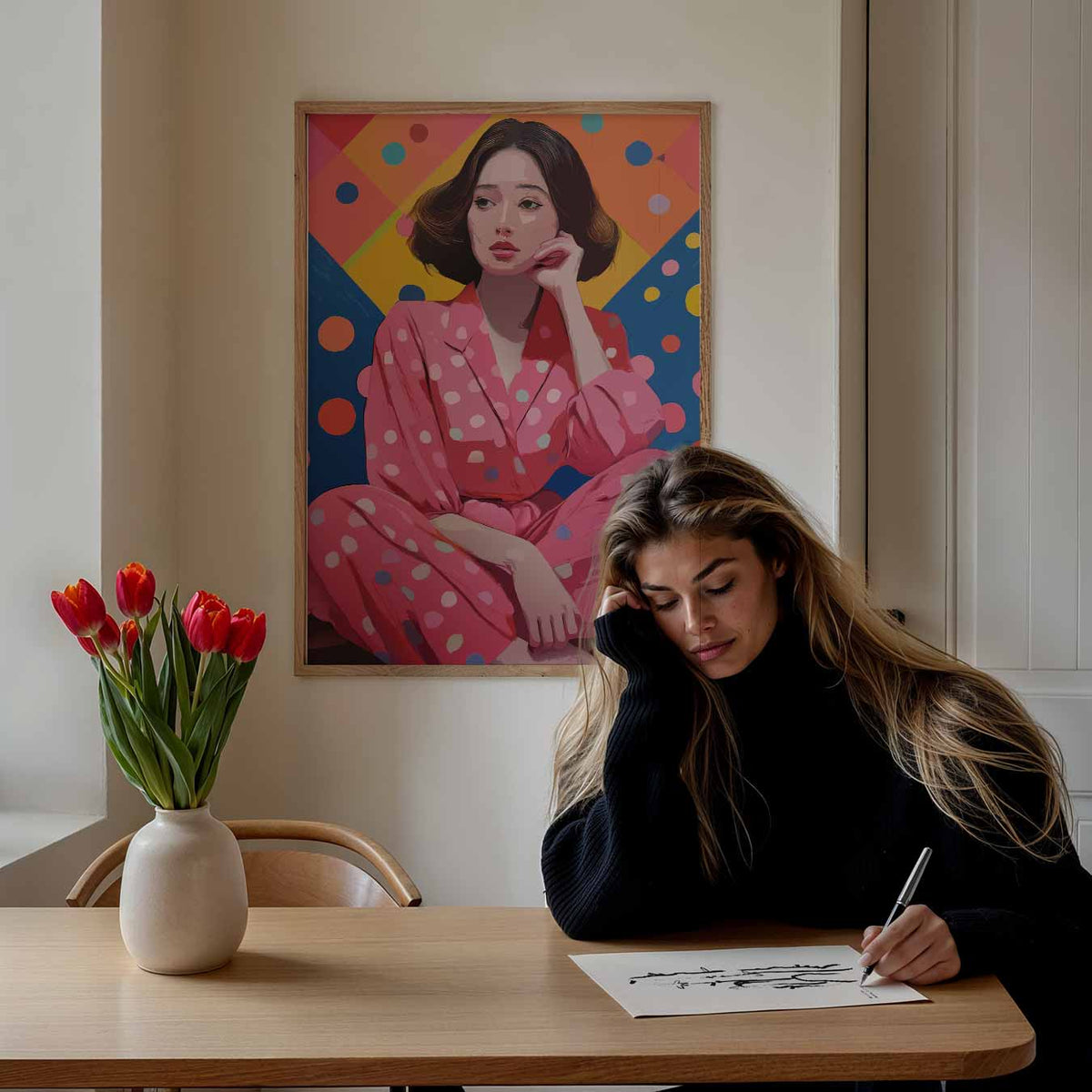 Vrolijke Vrouw in Stippen – Popart poster als moderne urban wanddecoratie
