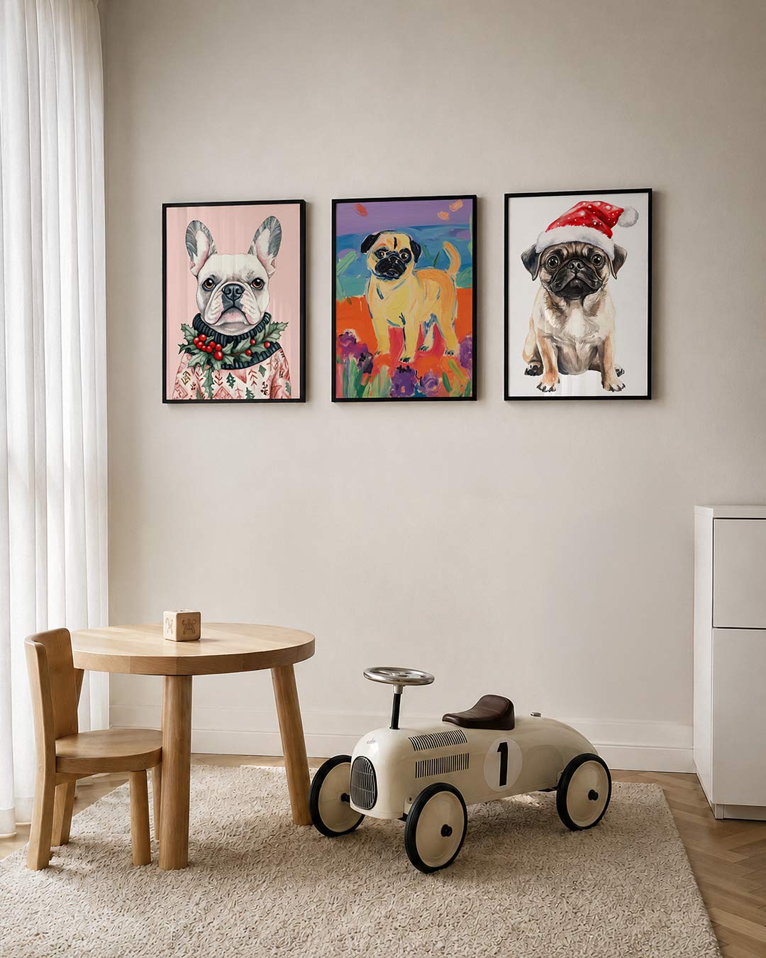 Hond met kersttrui posterset – tweede productweergave – een schattige hond met een feestelijke trui vol