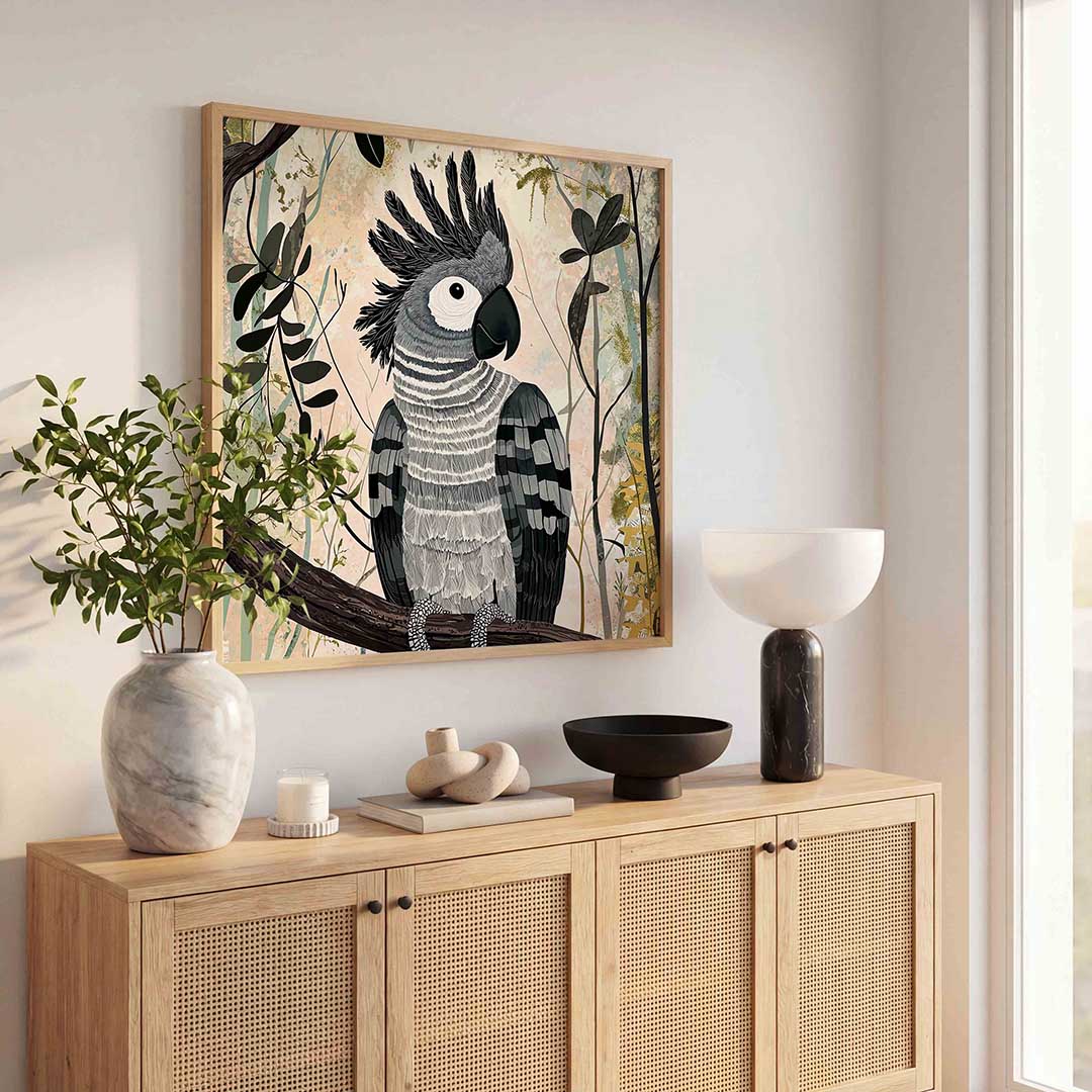 Papegaai op tak – vierkante jungle wanddecoratie van WallArtistic