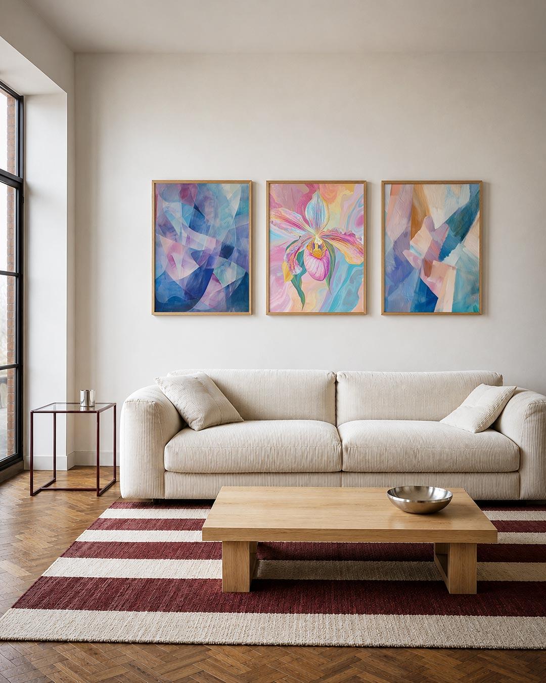 Kleurvlakken harmonie driedelige posterset – deze posterset in drie delen toont een vloeiend lijnenspel