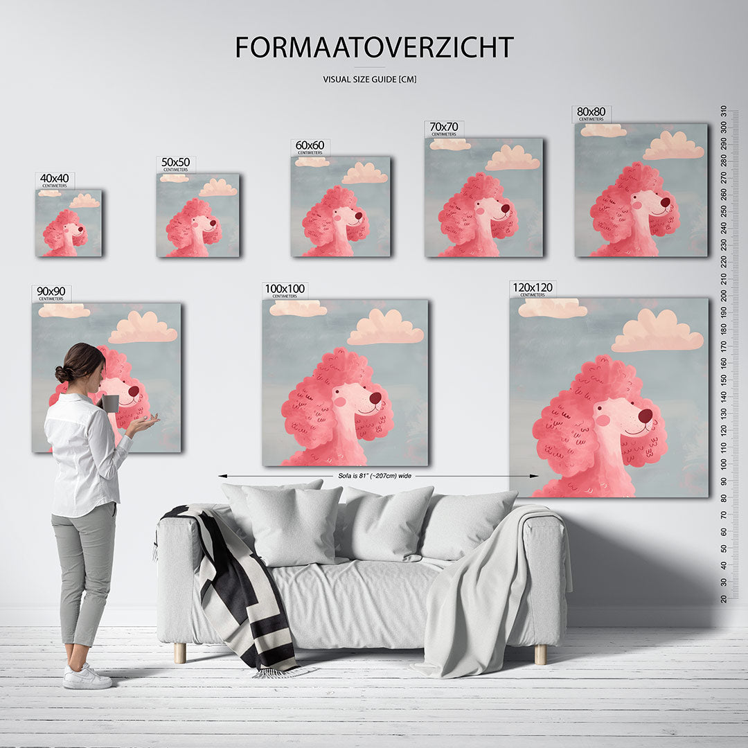 Vrolijke hond kunstwerk – sfeerbeeld – dit kunstwerk toont een roze hond met krullend haar tegen een blauwe lucht met zachte