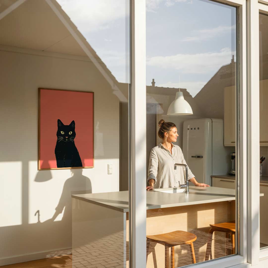 Schattige Kat op Roze Achtergrond – dierenposter als moderne staande wanddecoratie