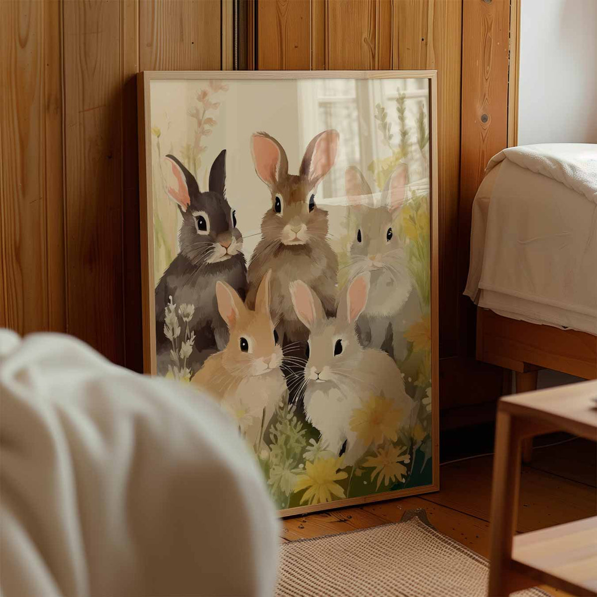 Schattige Konijnen in Bloemenveld – kinderposter in staand formaat