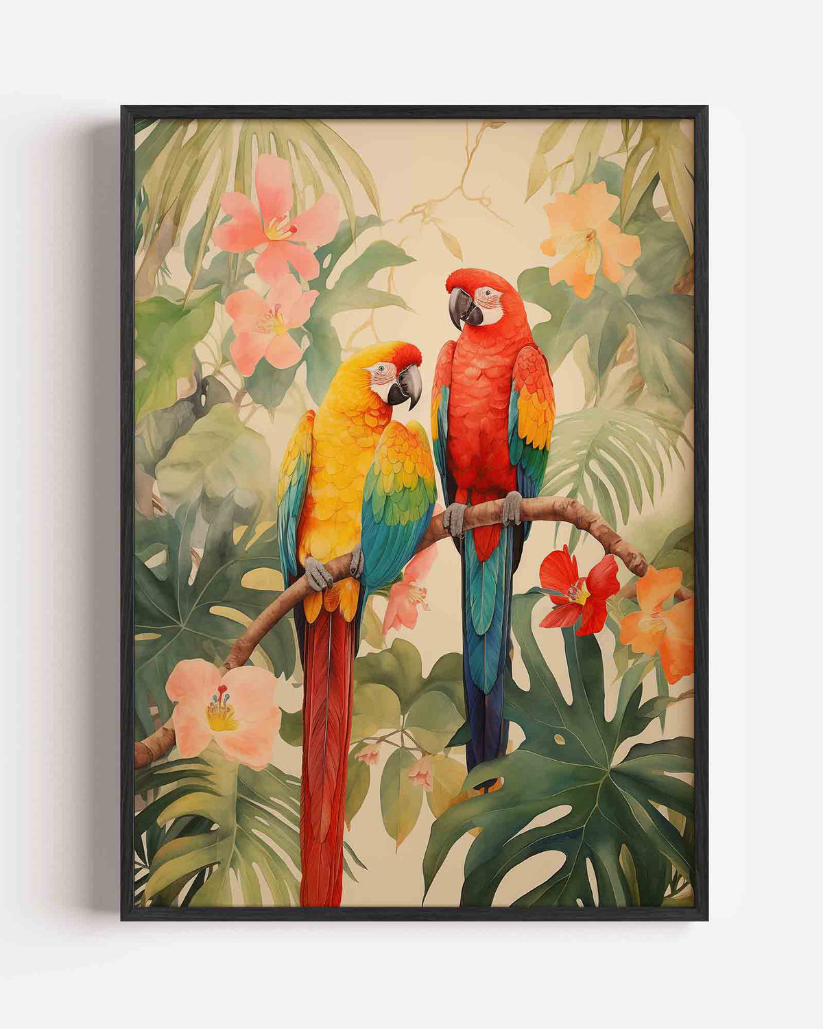 Papegaaien en bloemen – jungle portret poster als wanddecoratie