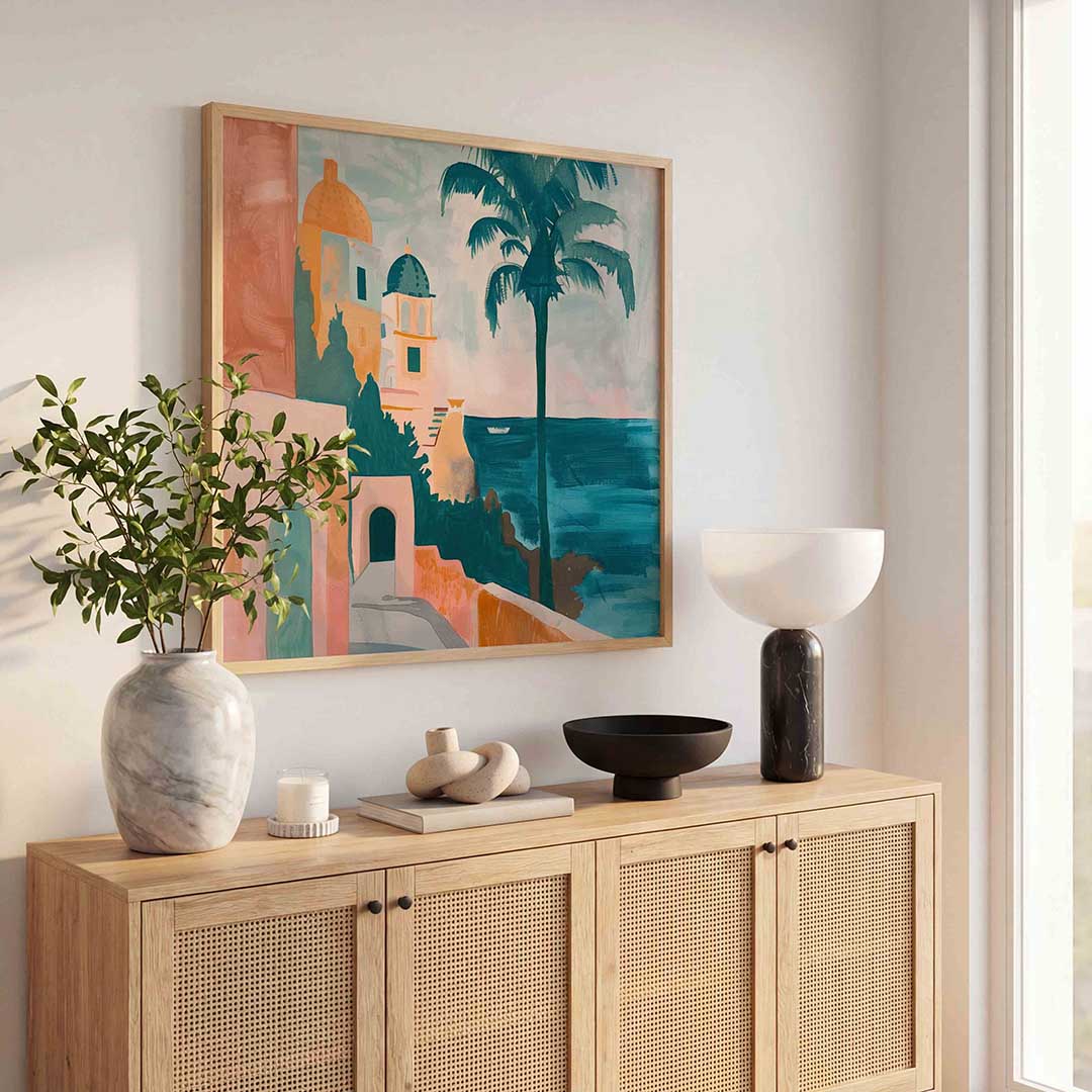Mediterrane kust – kunst en design poster in vierkant formaat