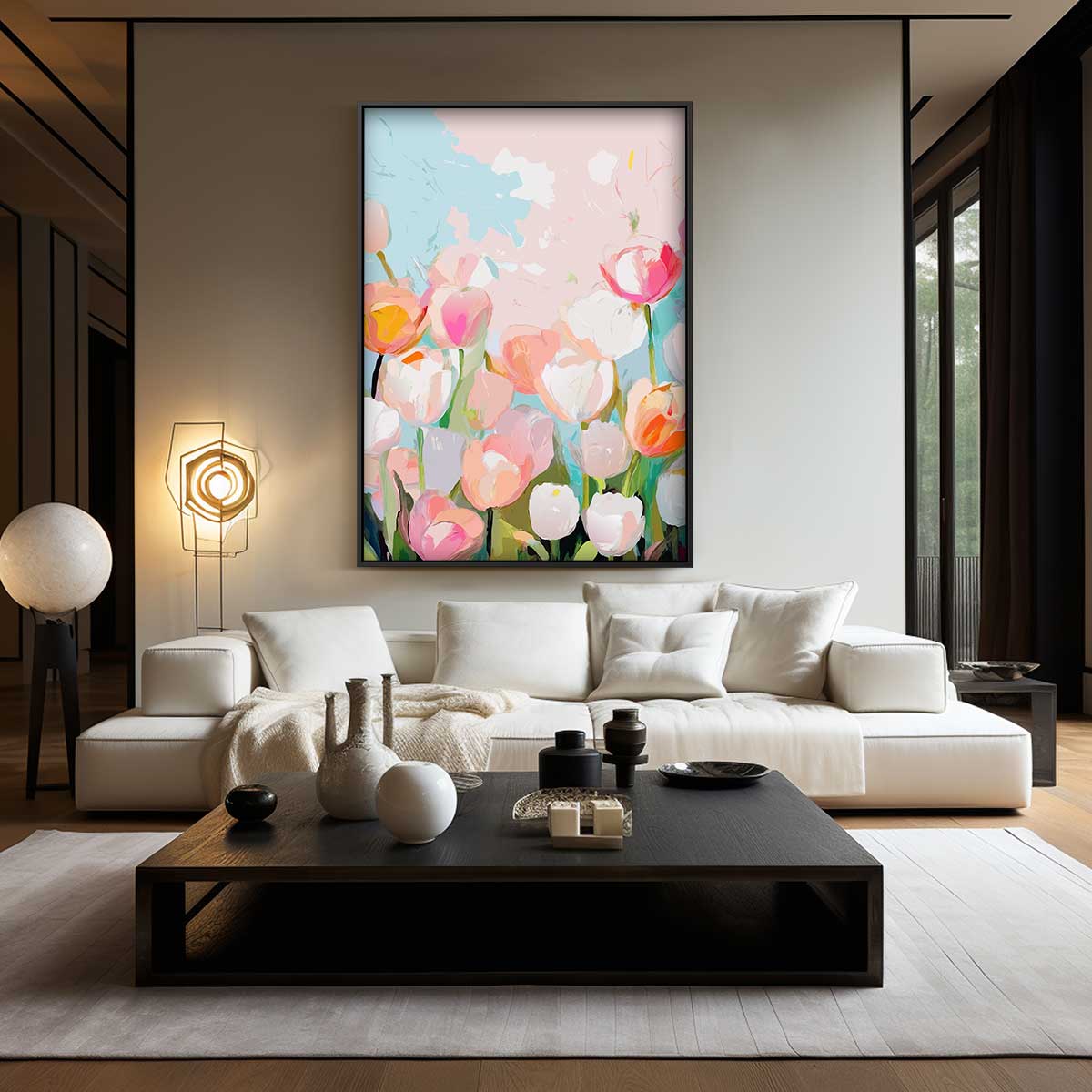 Bloemenpracht in Pasteltinten – kunstwerk met zwarte baklijst