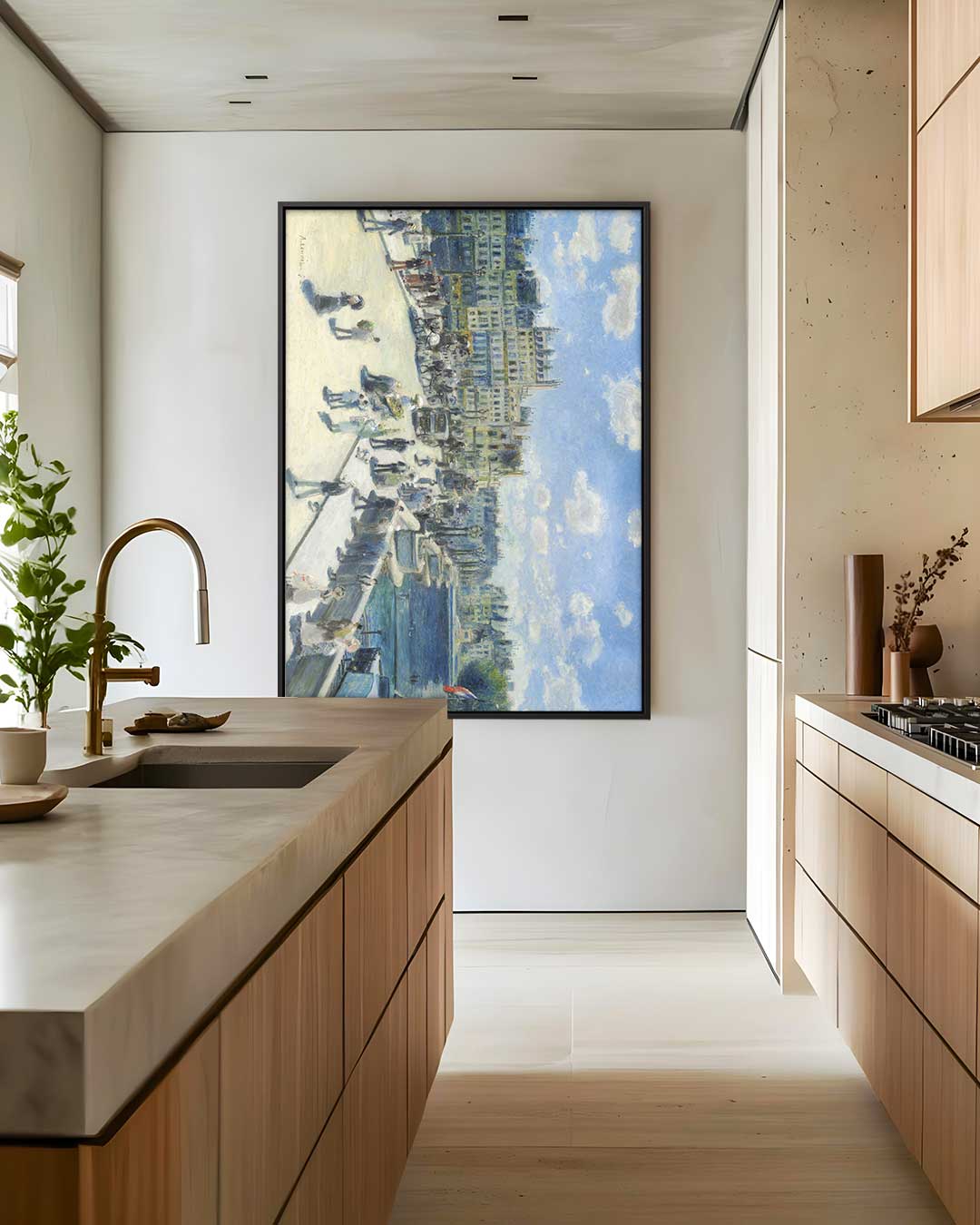 Impressionistische Stadsscène met Blauwe Hemel – staande wandkunst voor woonkamer of interieur