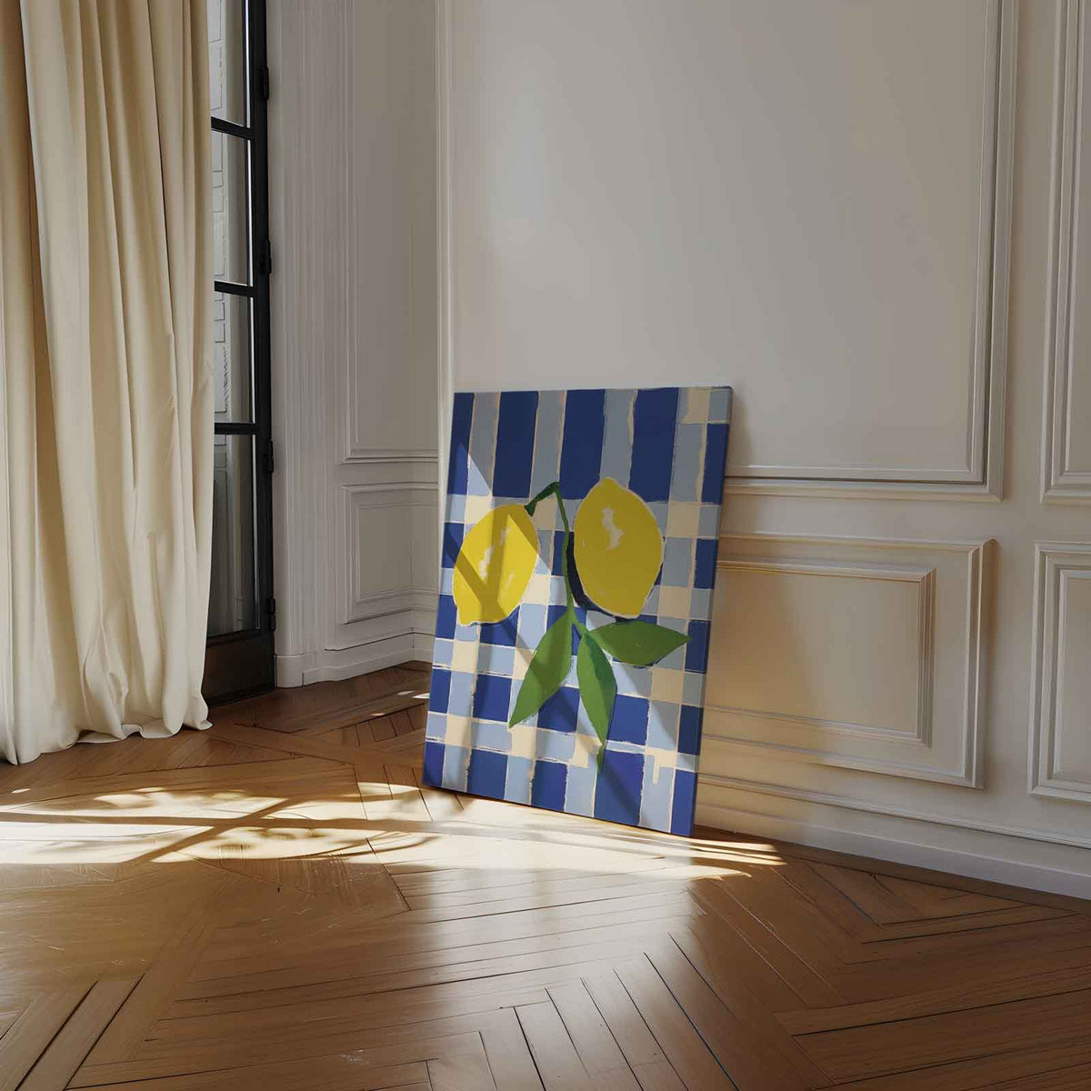 Zonnige Citroenen op Blauwe Schachtdoeken – staand kunstwerk voor modern interieur