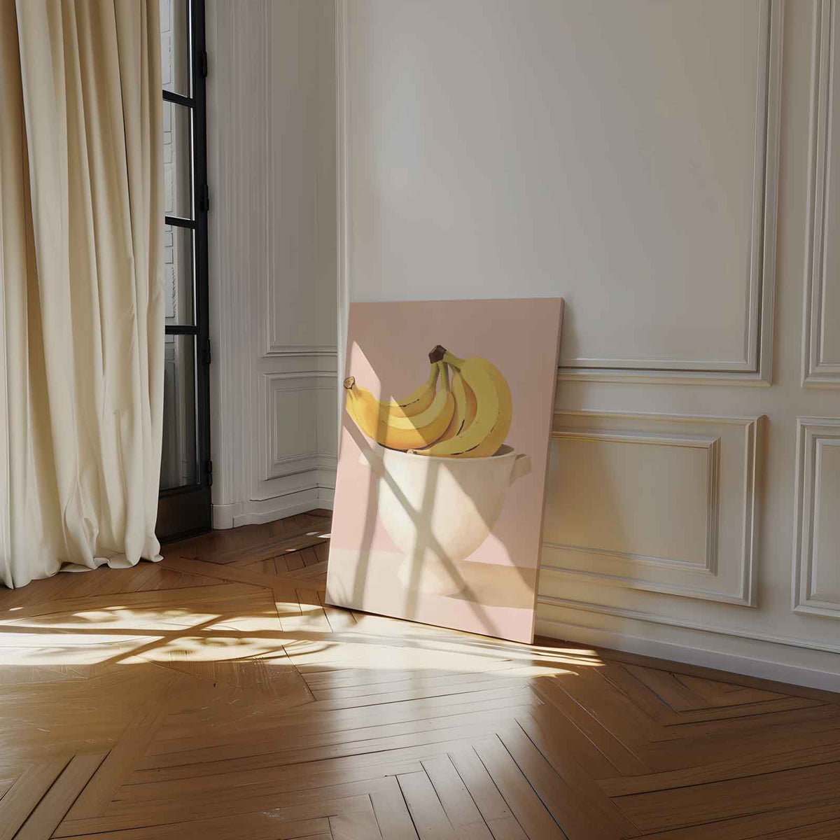 Bananen in een Witte Kom op Roze Achtergrond – dibond wanddecoratie in staand formaat