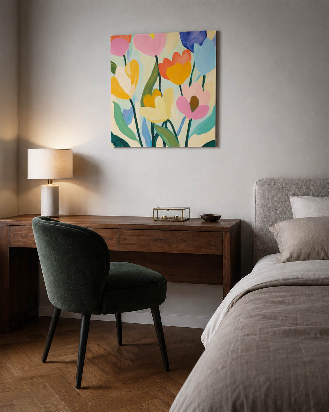 Bloemrijke kleurenpracht kunstwerk – materiaalweergave – dit kunstwerk toont een levendige compositie van kleurrijke bloemen.