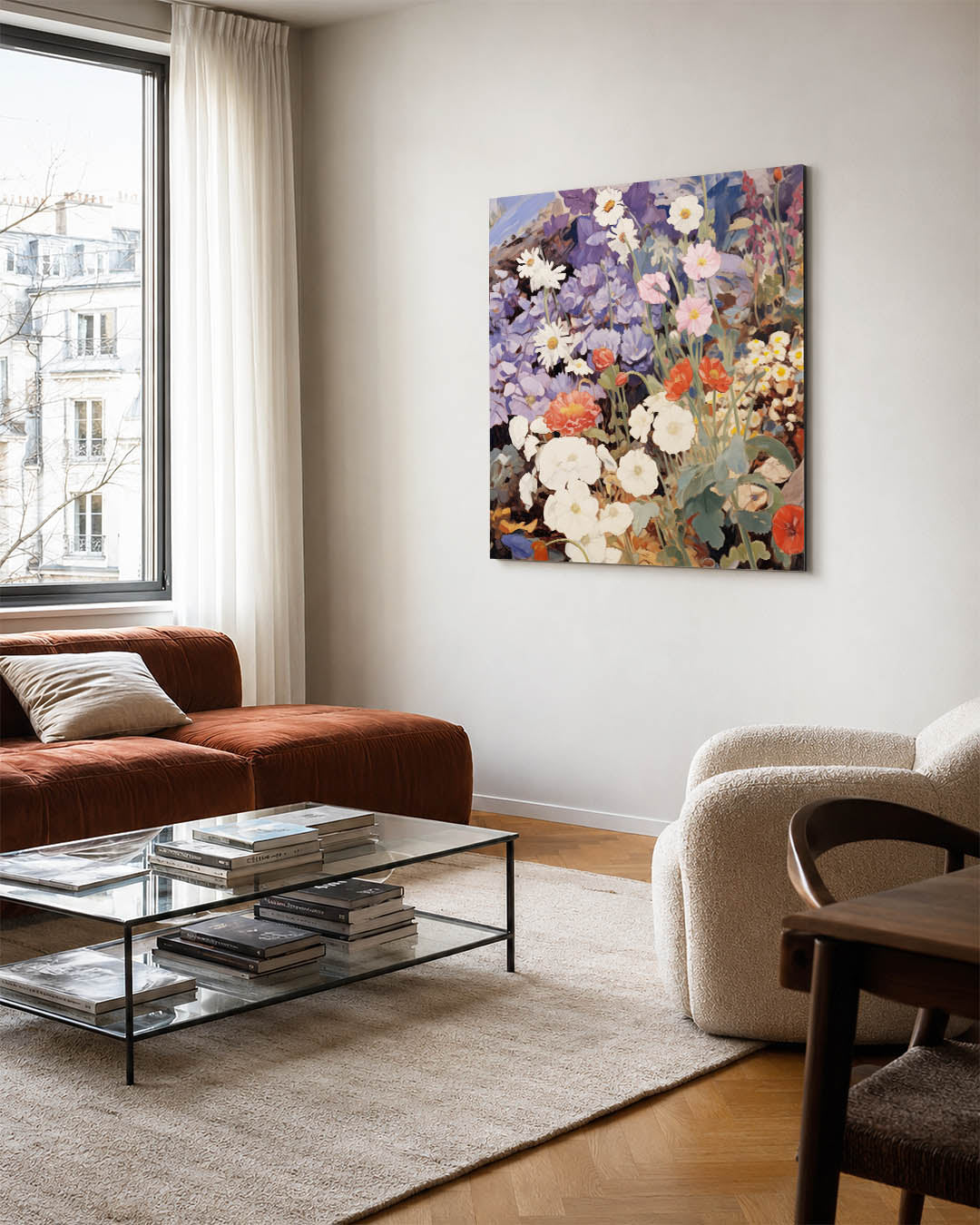 Bloemenpracht kunstwerk – vierkante wanddecoratie – dit kunstwerk toont een weelderige verzameling bloemen in diverse