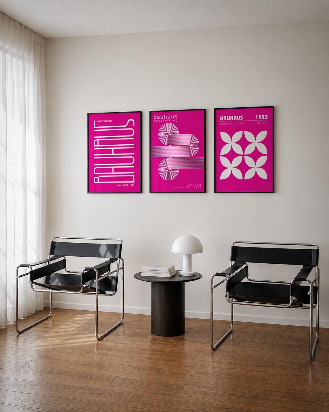 Lijnen en kleurvlakken posterset – tweede productweergave – deze poster heeft een felroze achtergrond met witte,