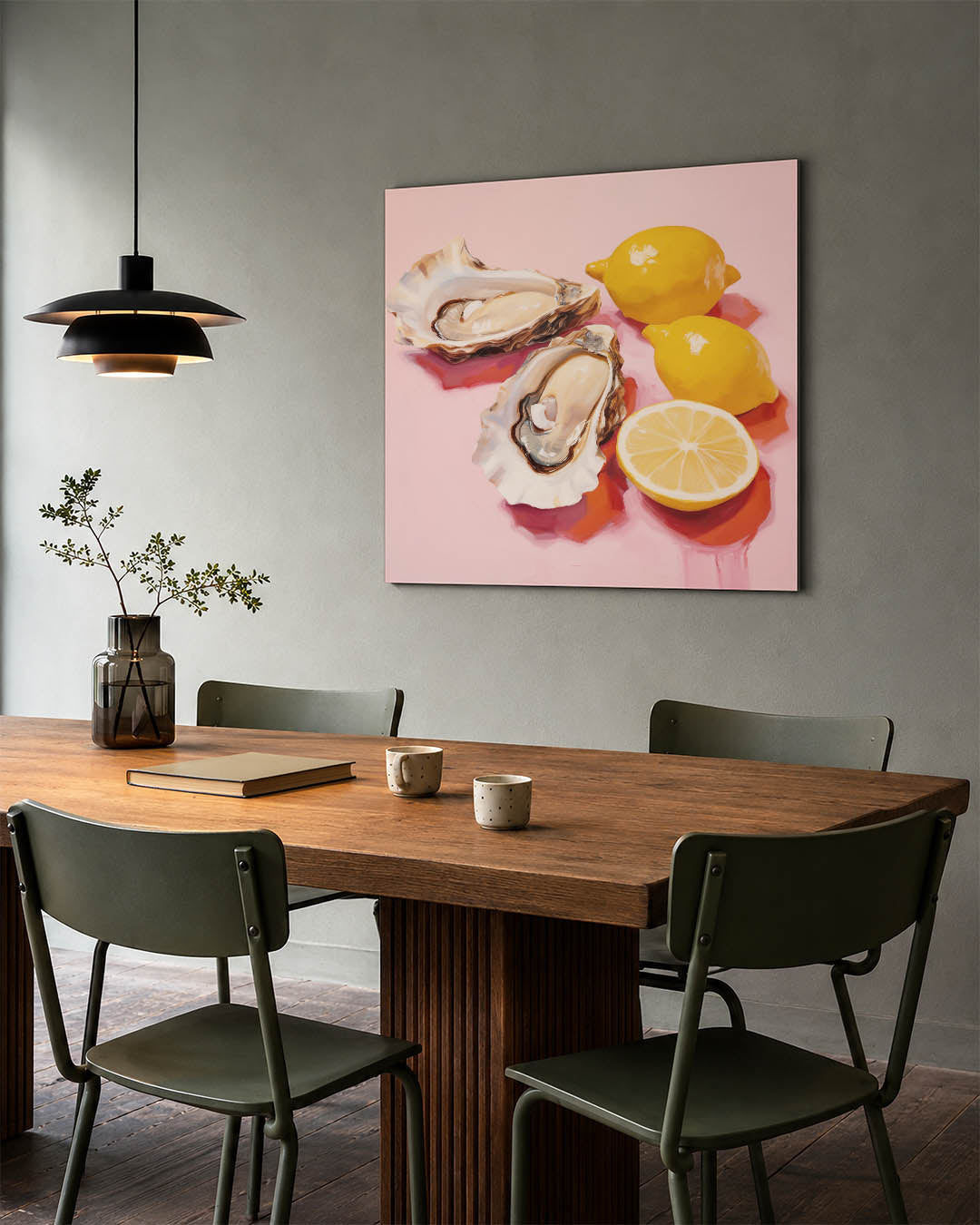 Citroenen en oesters kunstwerk – tweede productweergave – dit werk toont twee oesters en drie citroenen op een roze