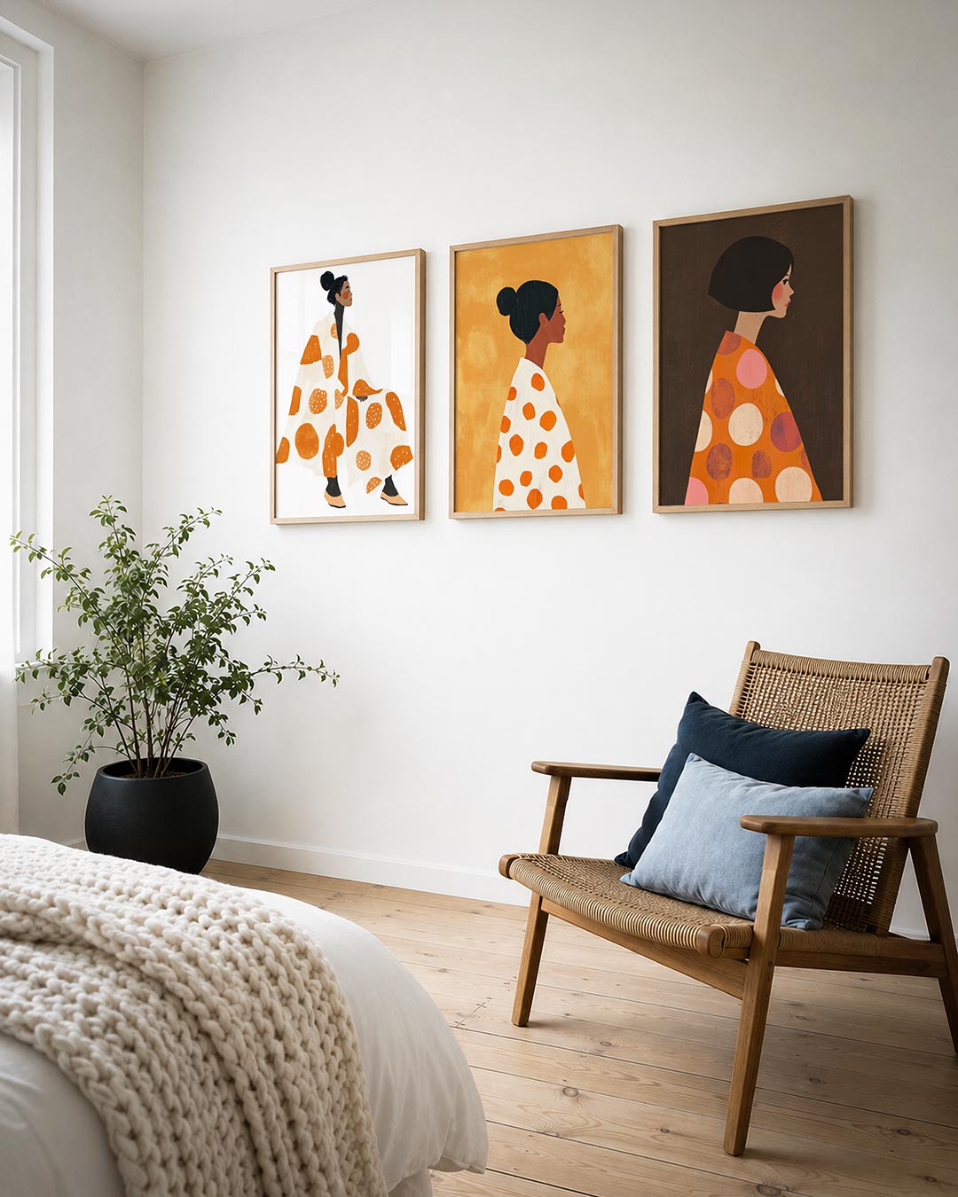 Vlekken en vormen posterset – detailweergave – een vrouw in een witte mantel met grote oranje stippen