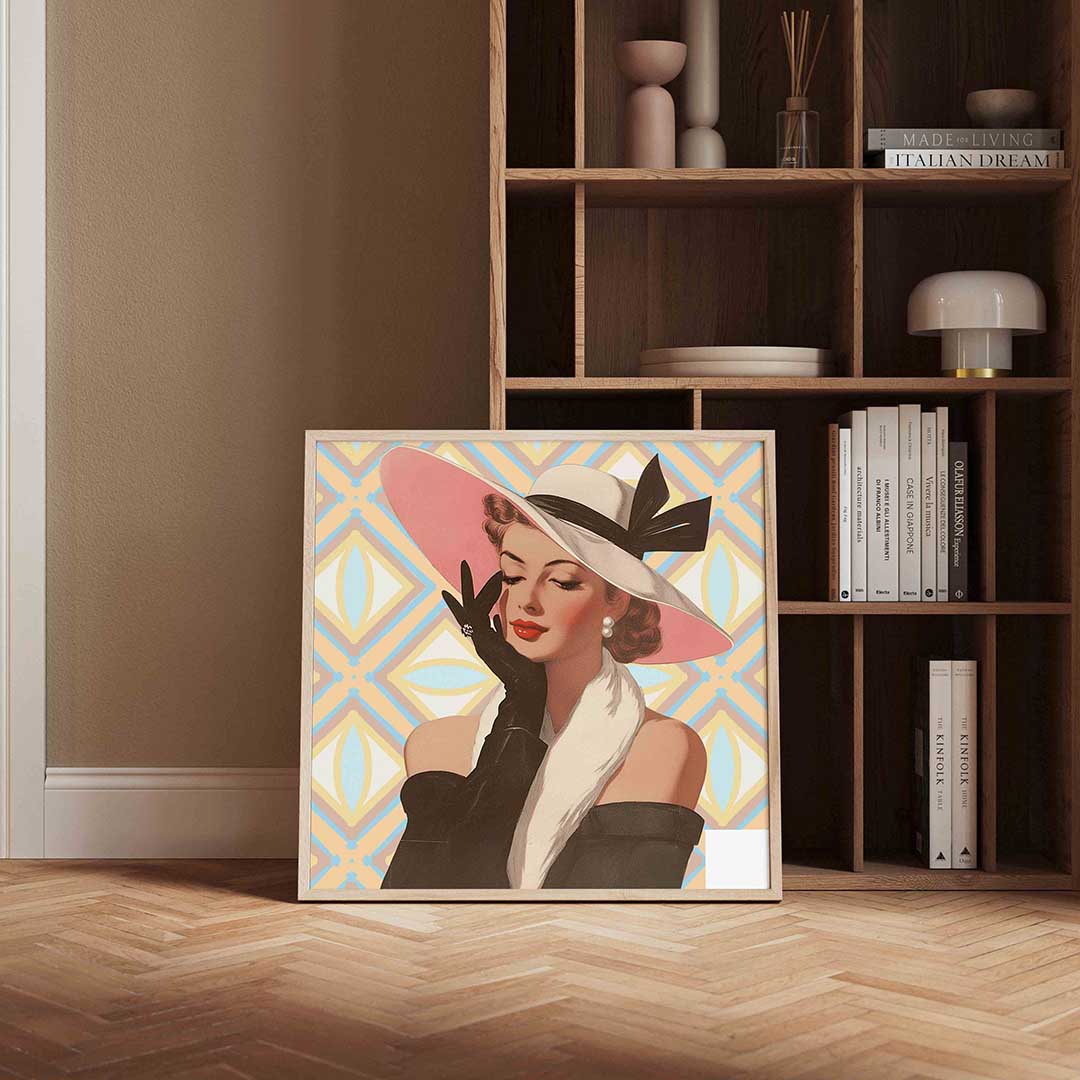 Dame met hoed – kleurrijke Pop Art poster in vierkant formaat