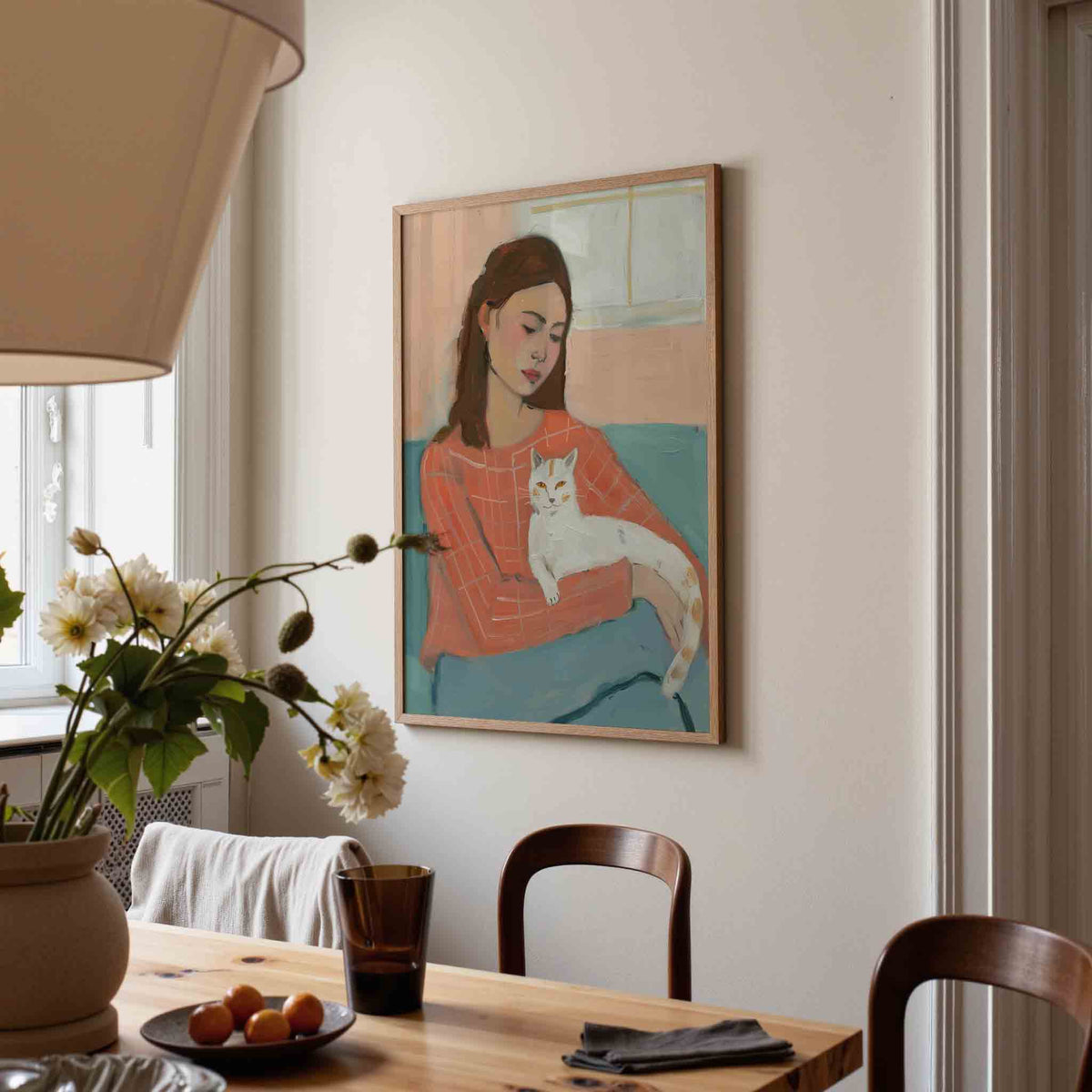 Vrouw met kat – eigentijdse illustratie poster in staand formaat