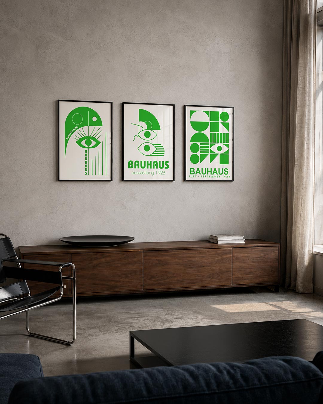 Oog en lijnen driedelige posterset – deze posterset toont een groot groen oog met strakke lijnen en cirkels. De compositie