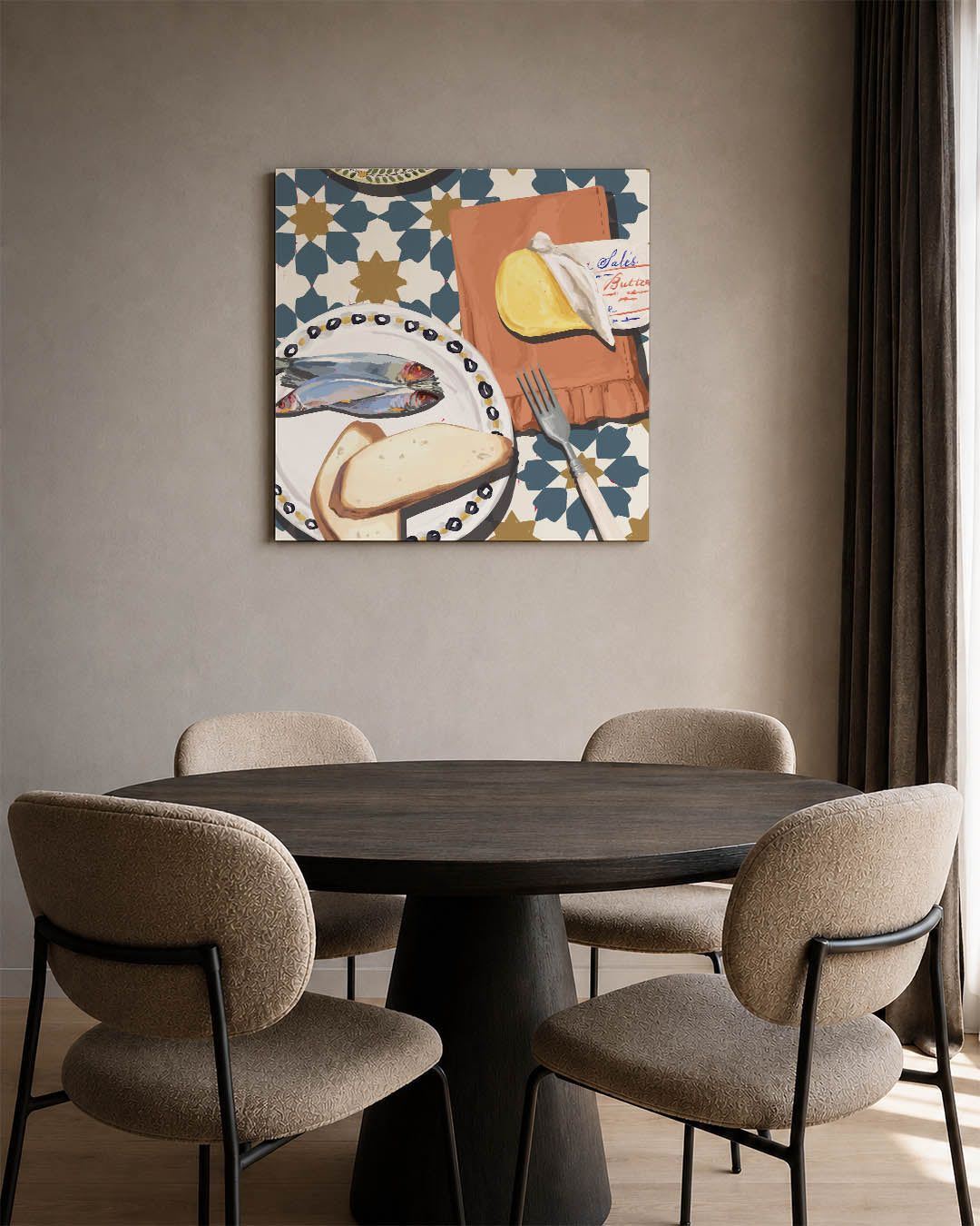 Geometrisch ontbijt tafereel kunstwerk – vierkante wanddecoratie – dit werk toont een tafel met vis, brood en boter op een