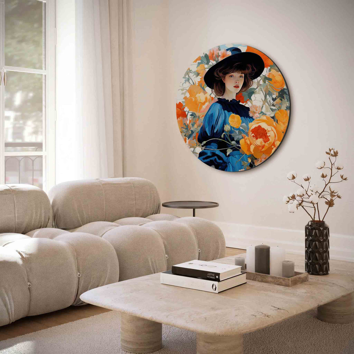 Vrouw met bloemen – muurcirkel met abstracte texturen voor aan de muur