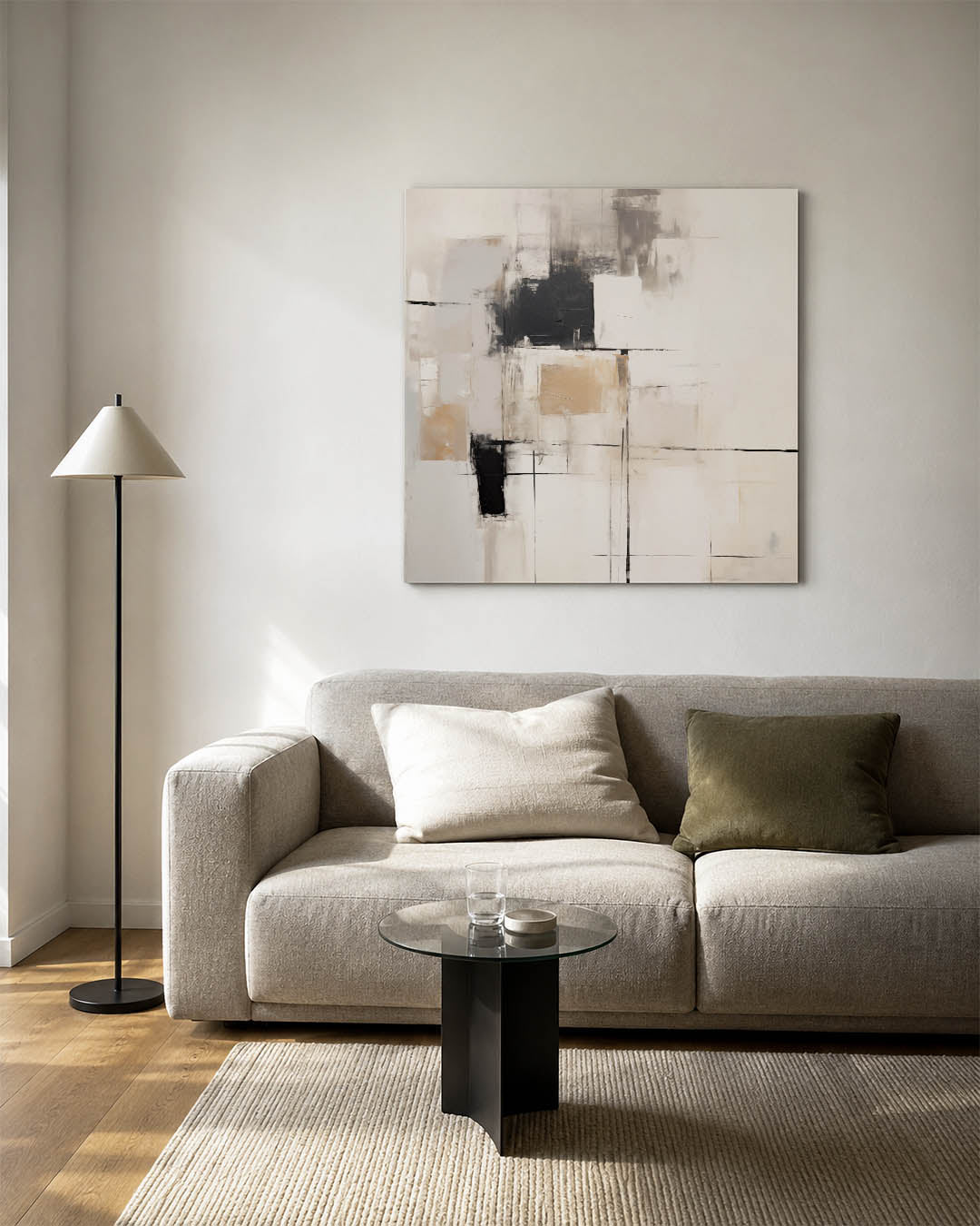 Geometrische compositie kunstwerk – vierkante wanddecoratie – dit werk toont een subtiele balans van rechthoeken en lijnen in