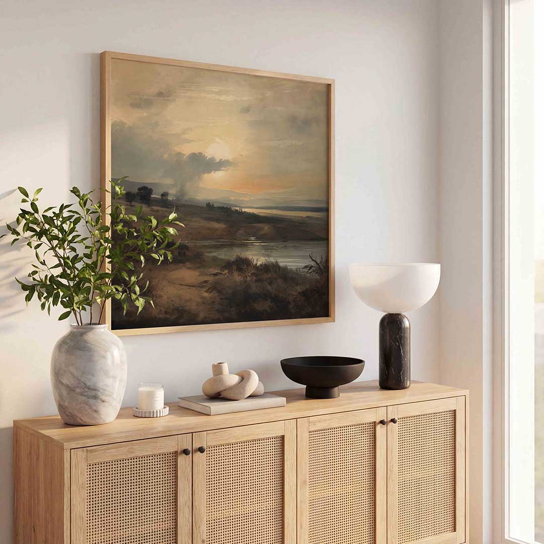 Landschap met ondergaande zon – kleurrijke poster in vierkant formaat