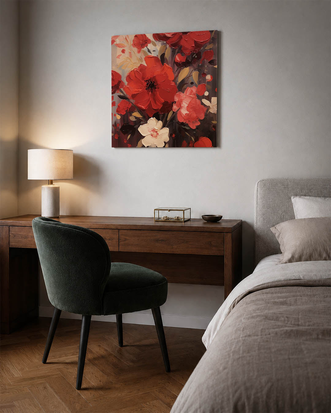 Expressieve bloemen kunstwerk – materiaalweergave – dit kunstwerk toont levendige bloemen in rijke tinten, met dynamische