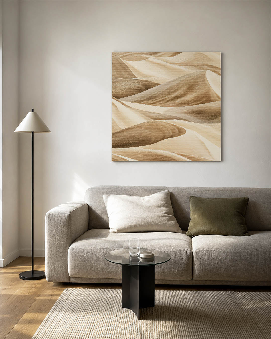 Golvende zandduinen kunstwerk – vierkante wanddecoratie – dit werk toont vloeiende lijnen en zachte golven die een serene
