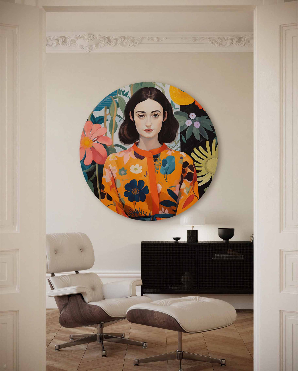 Vrouw met bloemen – muurcirkel met kleur en vormen voor aan de muur