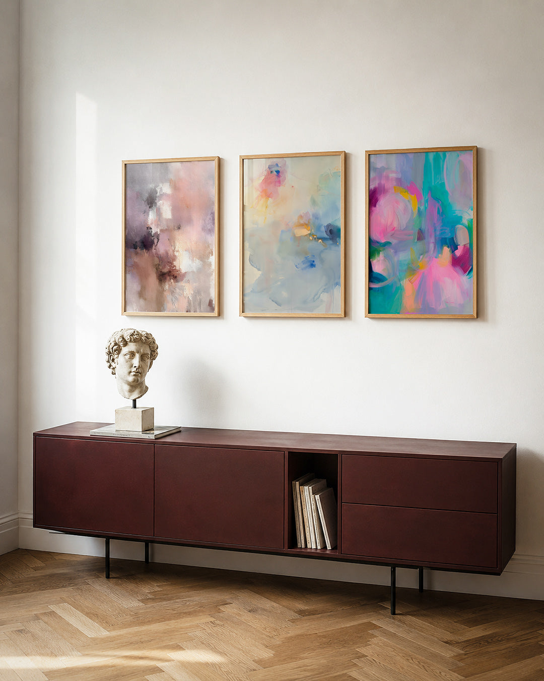 Zachte kleurvlakken posterset – tweede productweergave – deze posterset in drie delen toont een harmonie van zachte