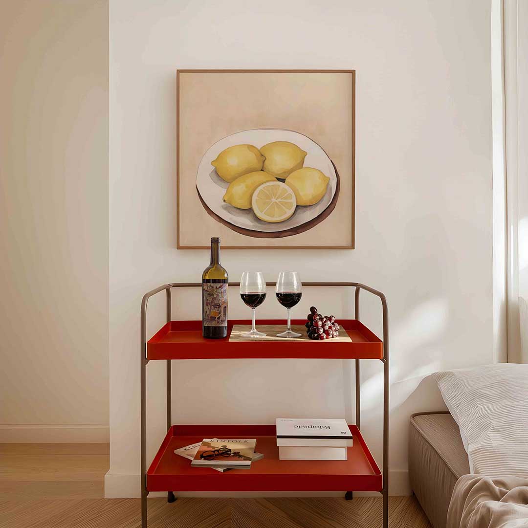 Citroenen op bord – vierkante keuken wanddecoratie van WallArtistic