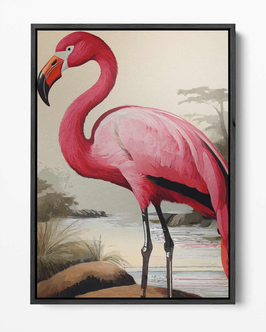 Elegante Flamingo bij Zonsondergang – portret kunstwerk als wanddecoratie