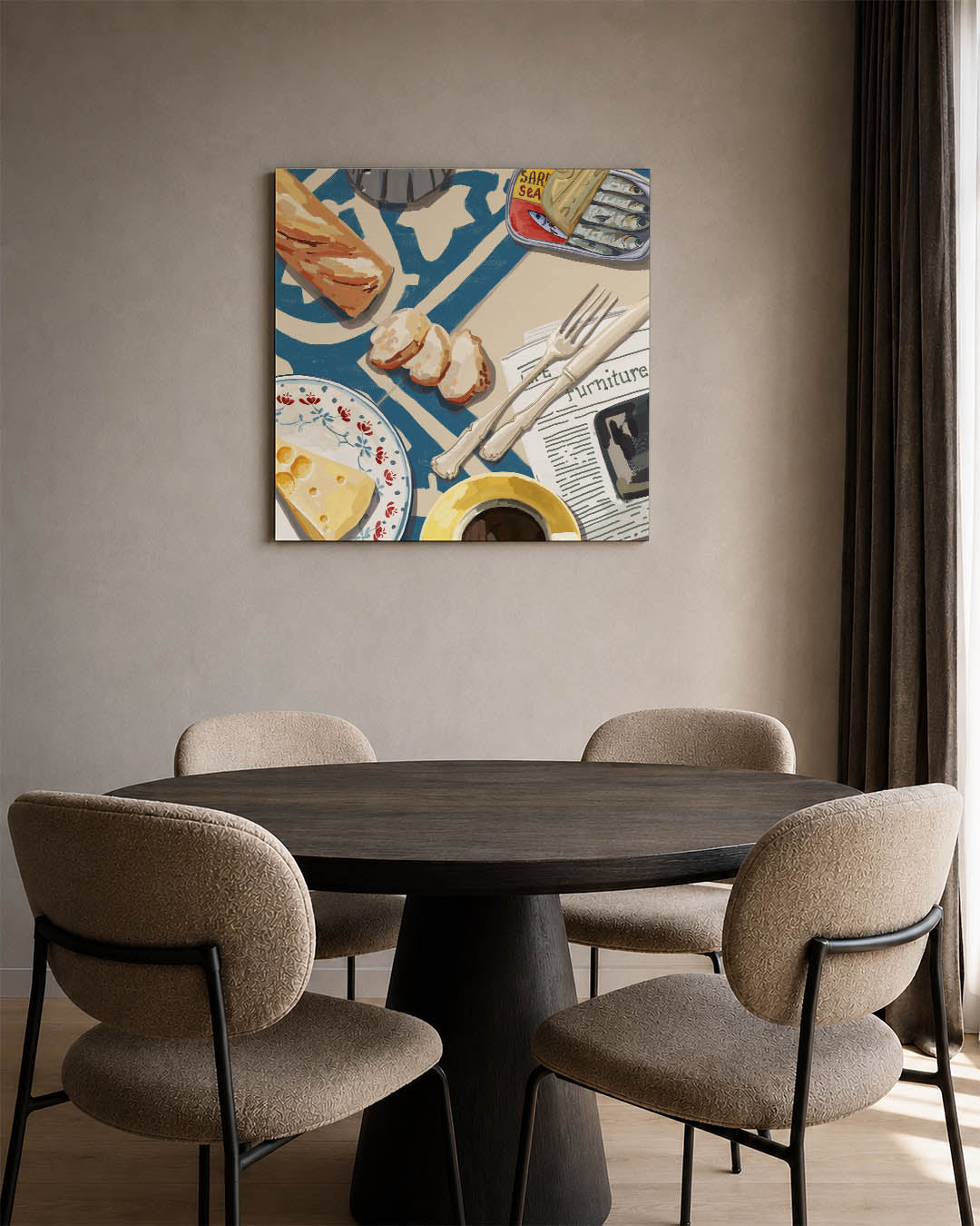 Ontbijt tafereel kunstwerk – vierkante wanddecoratie – dit werk toont een tafel met diverse ontbijtitems zoals brood, kaas en