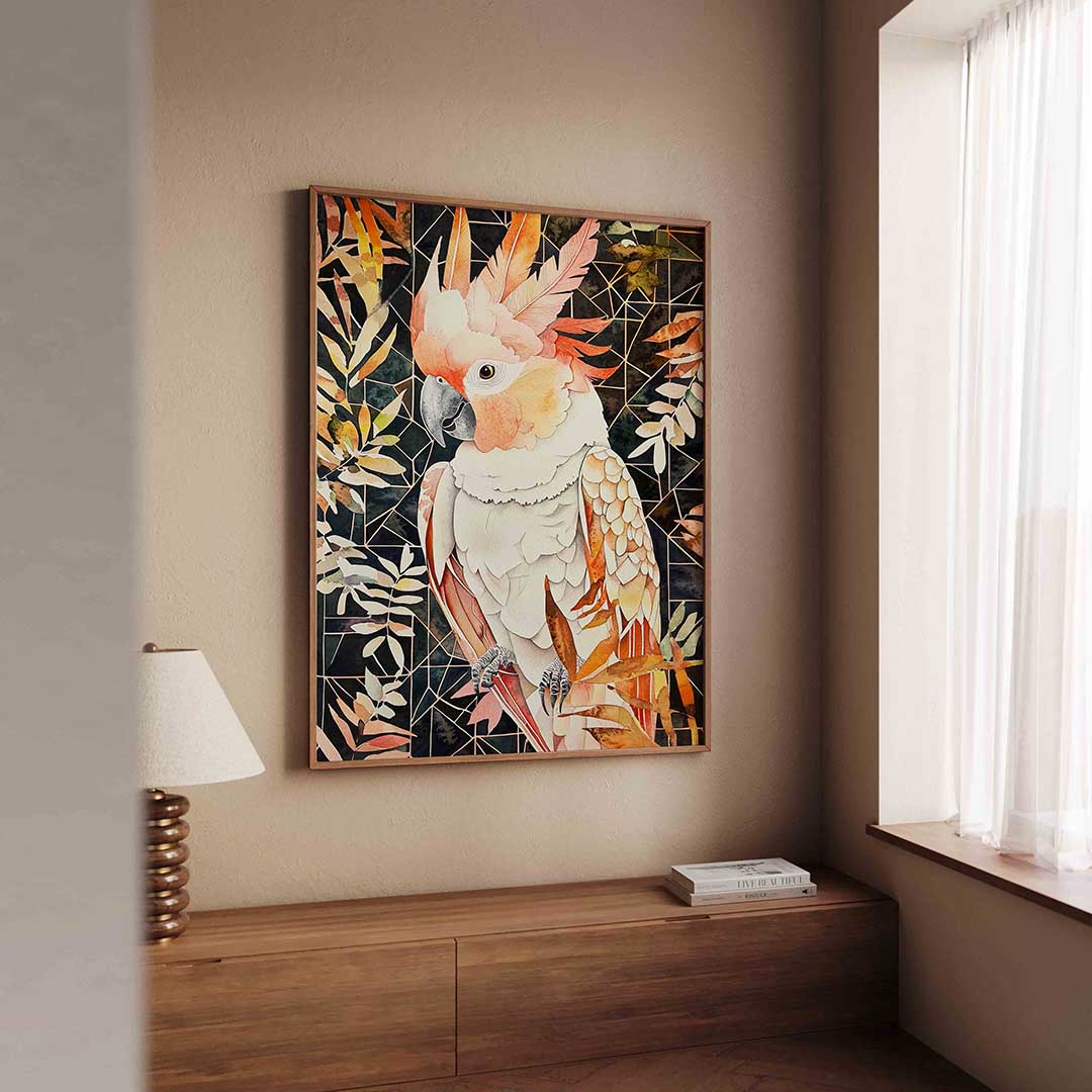 Papegaai met bladeren – dierenillustratie als portret poster