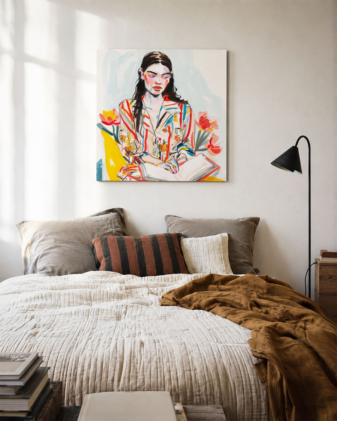 Kleurrijke portretstudie kunstwerk – detailweergave – dit kunstwerk toont een vrouw met een levendig patroon van kleuren en