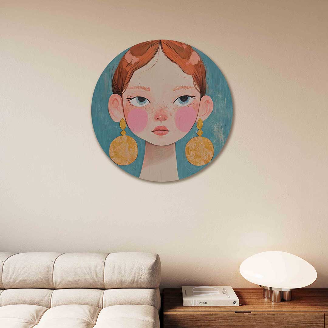 Portret met grote oorbellen – moderne abstracte muurcirkel voor aan de muur