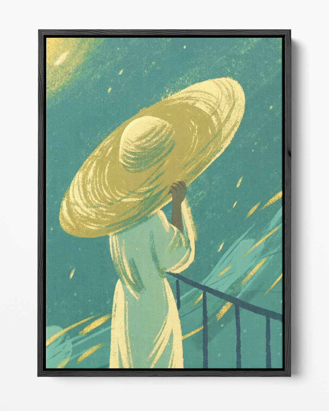 Vrouw met Gele Hoed in de Wind – portret kunstwerk als wanddecoratie