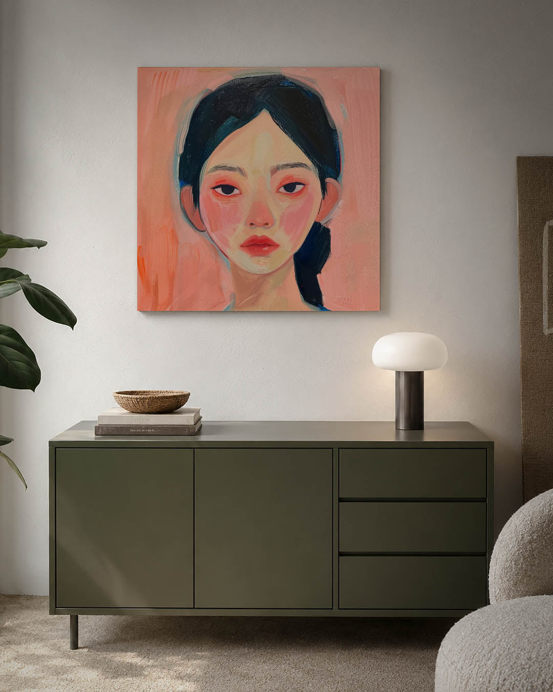 Portretstudie kunstwerk – detailweergave – dit werk toont een portret met zachte penseelstreken. De kleuren roze en blauw