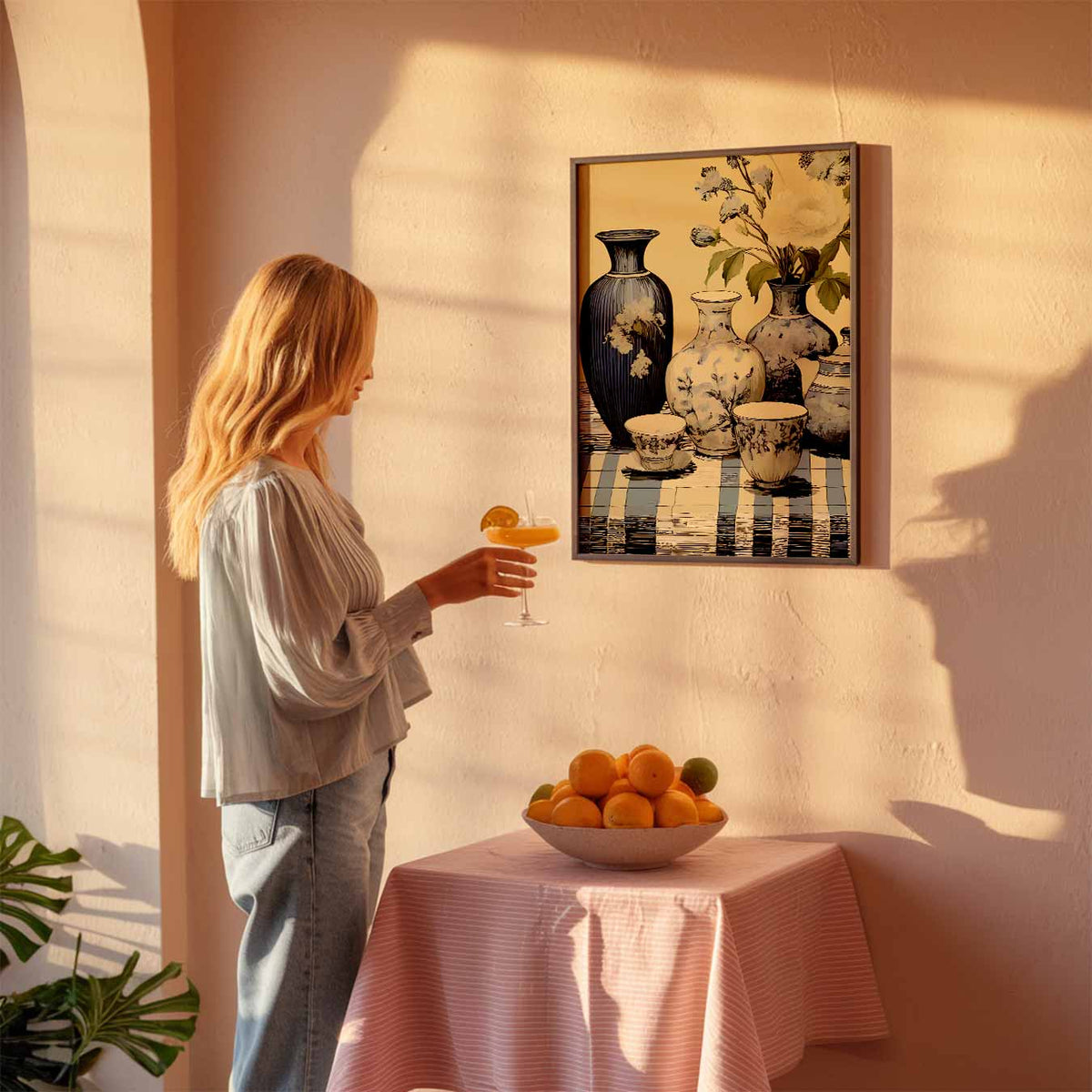 Elegant Blauwe Vaas Bloemen – keuken poster als sfeervolle staande wanddecoratie