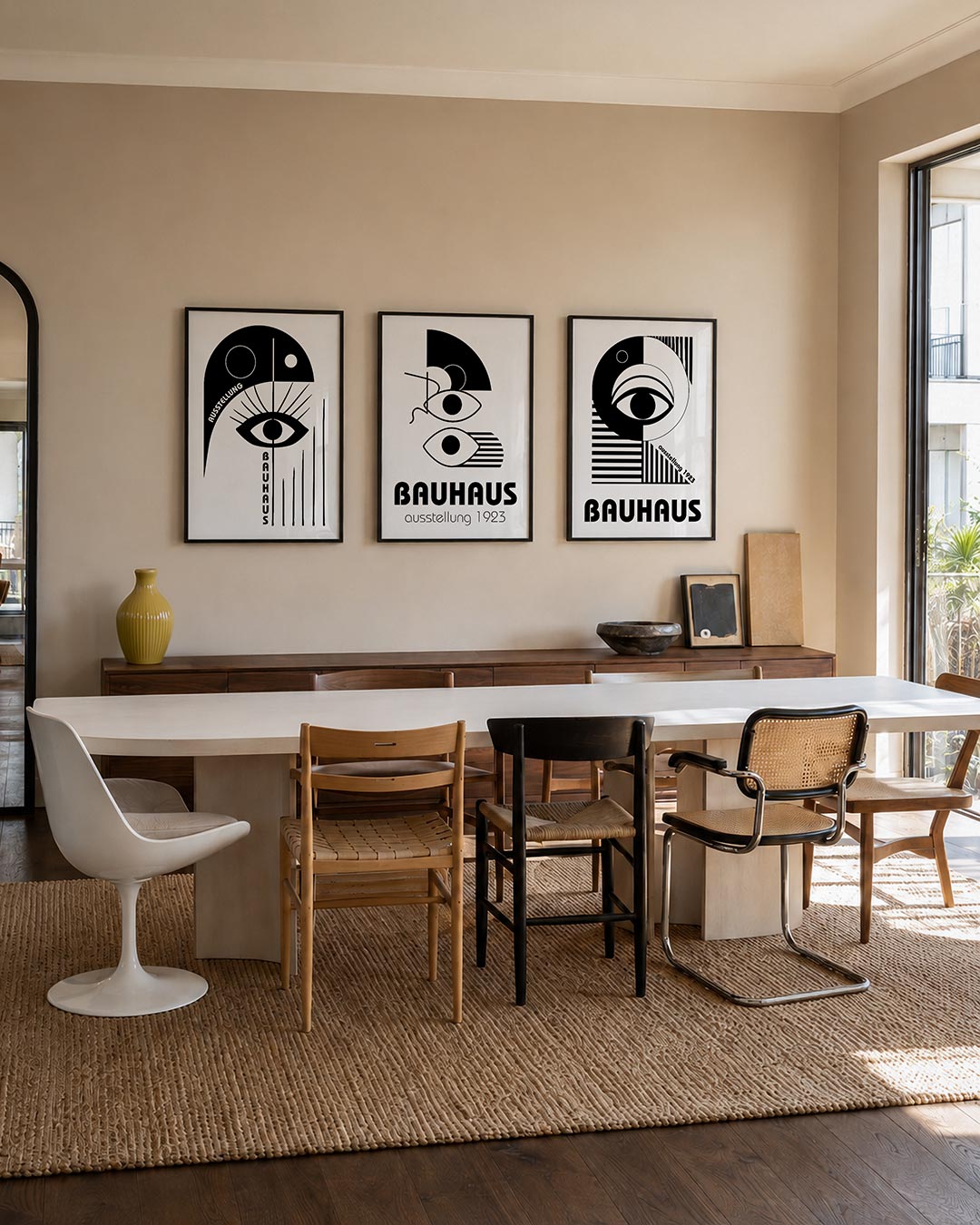 Oog en lijnen posterset – tweede productweergave – zwart-wit compositie met een centraal oog, omgeven door strakke lijnen en