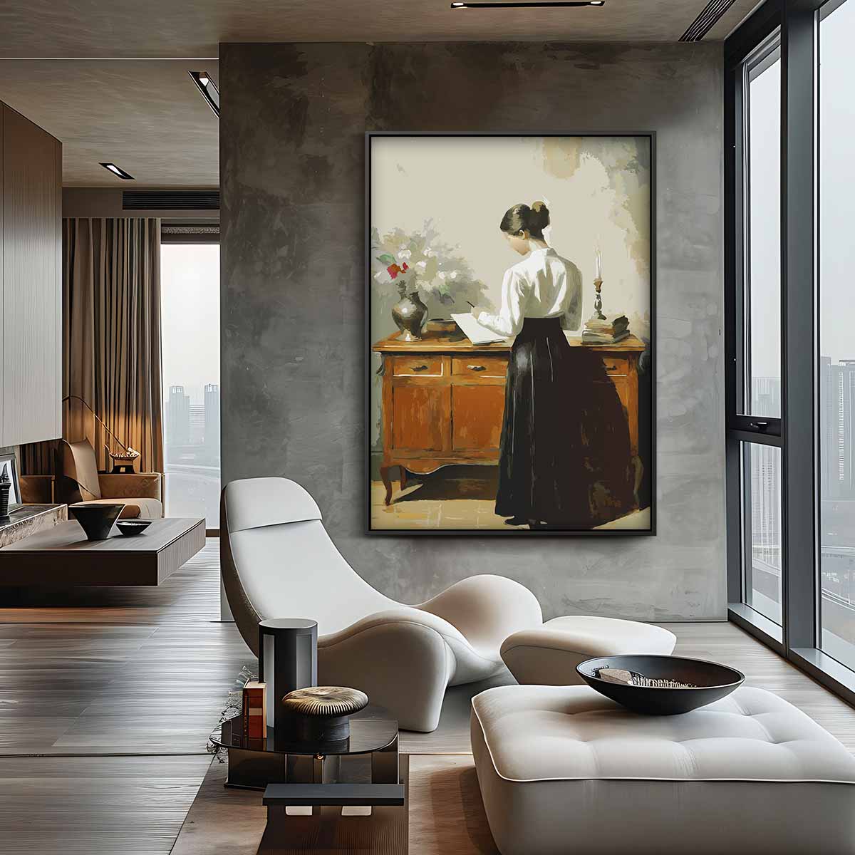 Vrouw Schrijvend aan Het Bureau – staand kunstwerk voor modern interieur