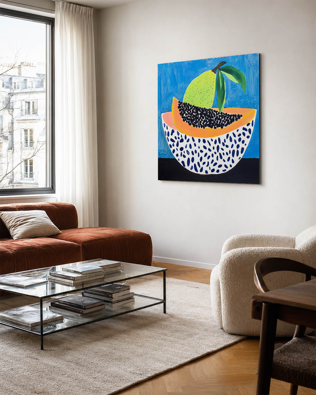 Fruit en patronen kunstwerk – vierkante wanddecoratie – dit werk toont een kleurrijke compositie van fruit met levendige