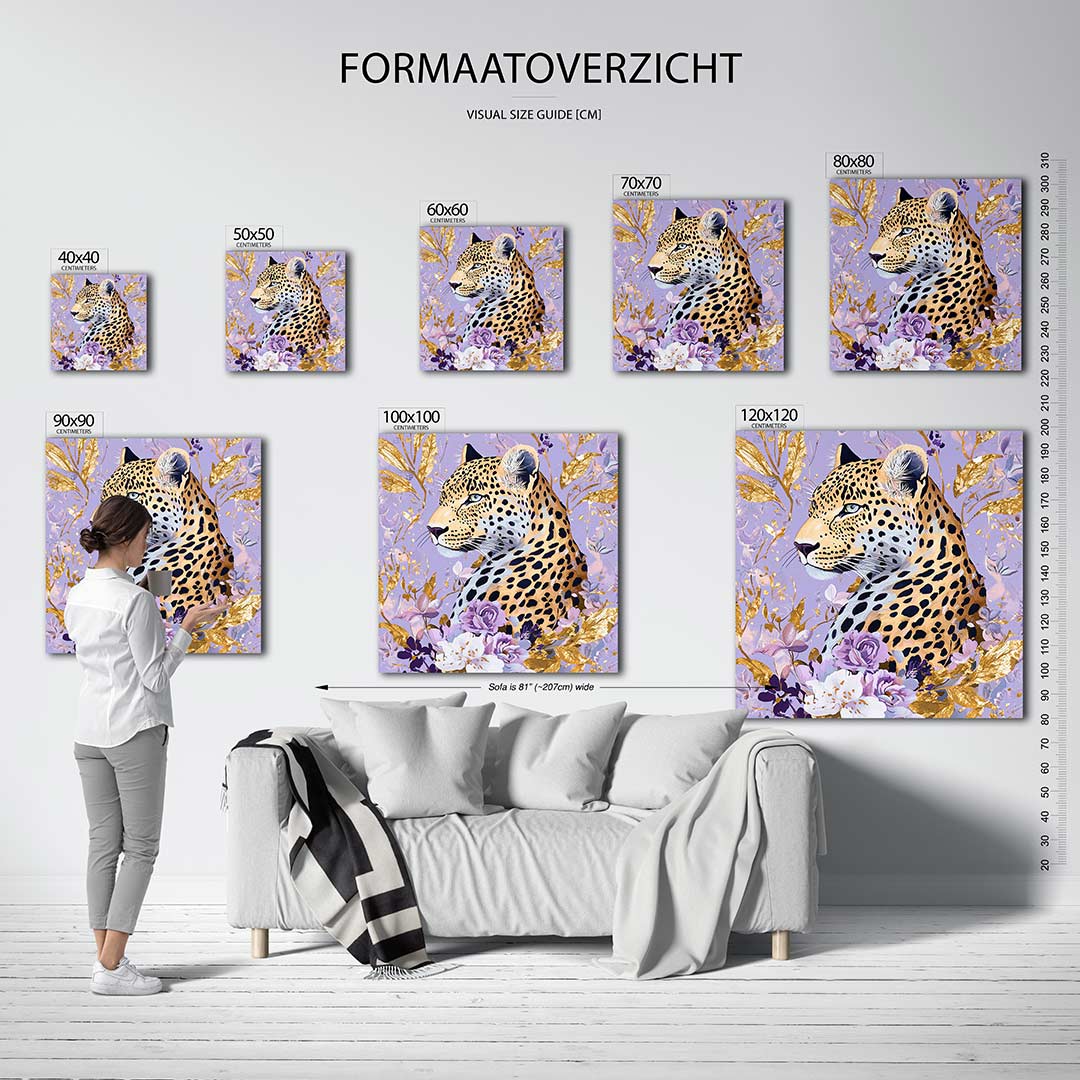 Luipaard met bloemen kunstwerk – dit werk toont een luipaard omringd door bloemen en bladeren. De kleurencombinatie van