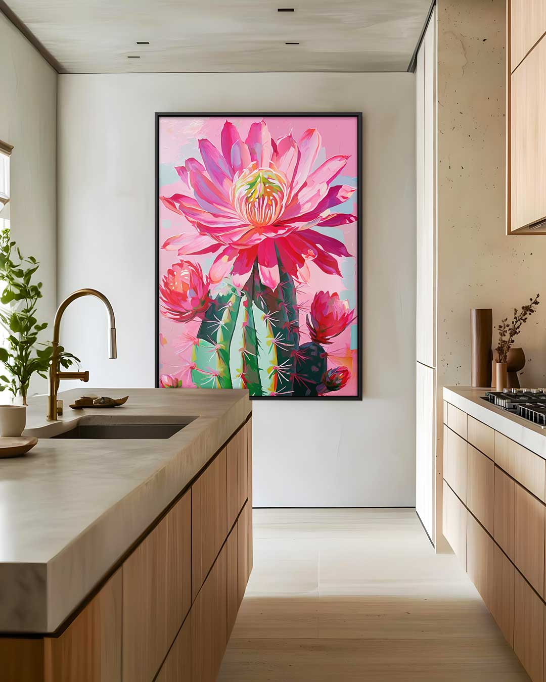 Bloeiende Cactus in Levendige Kleuren – kunstwerk met zwarte baklijst