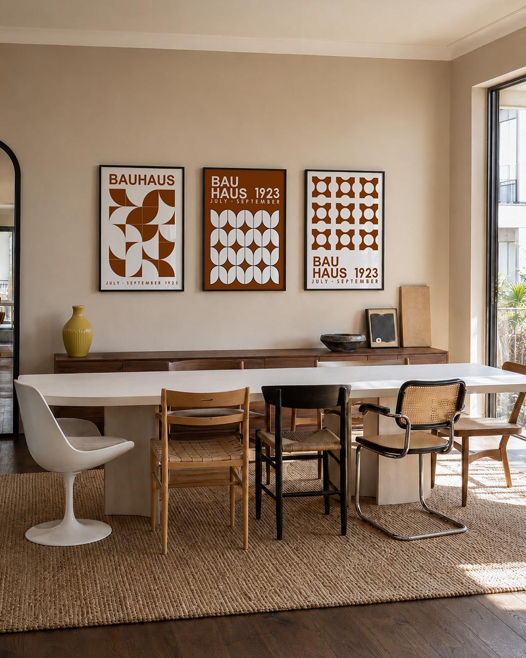 Vorm en kleur posterset – tweede productweergave – deze posterset in drie delen toont een dynamisch spel van bruine en witte