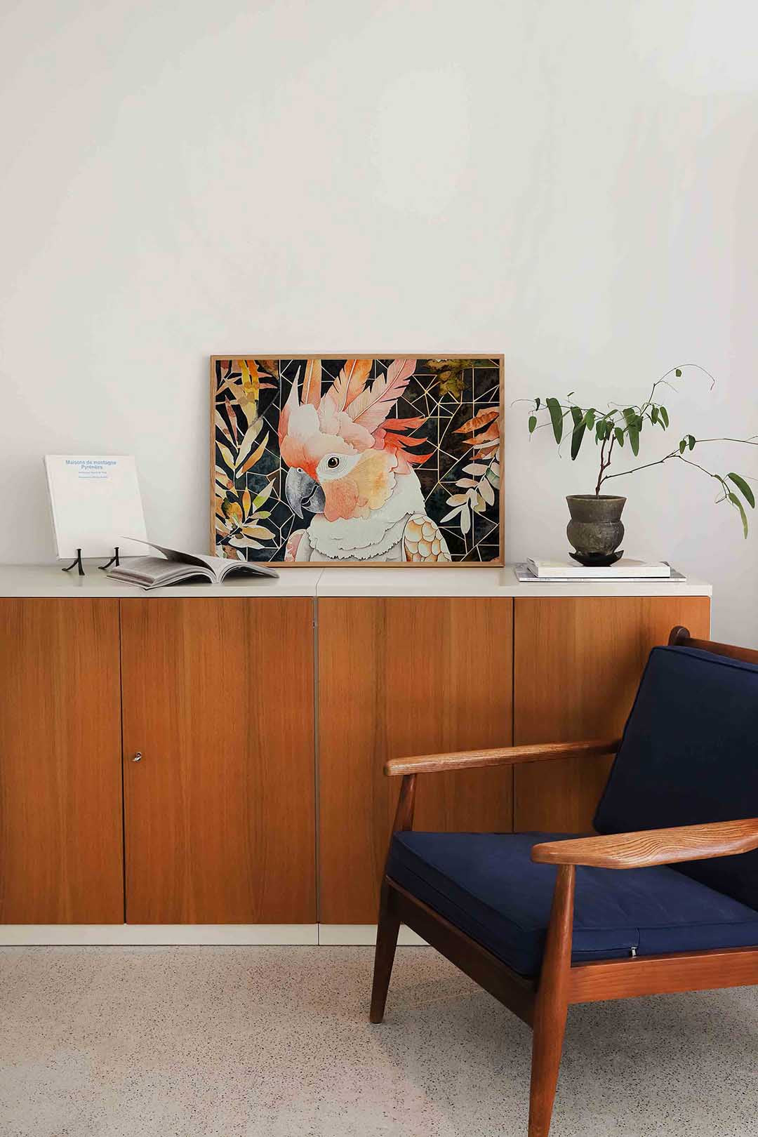 Papegaai met bladeren – liggende dieren wanddecoratie van WallArtistic