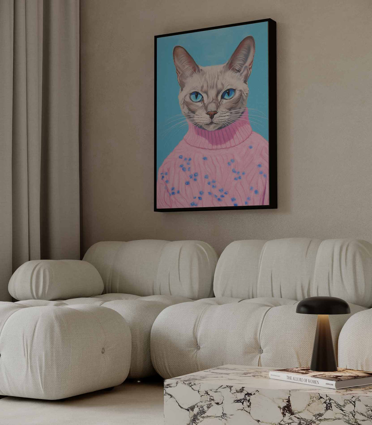 Kat in Roze Trui Portret – portret wandkunst van WallArtistic