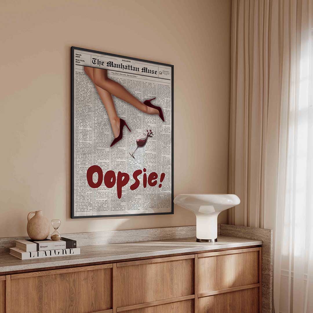 Krant met benen en glas – kleurrijke Pop Art poster in staand formaat