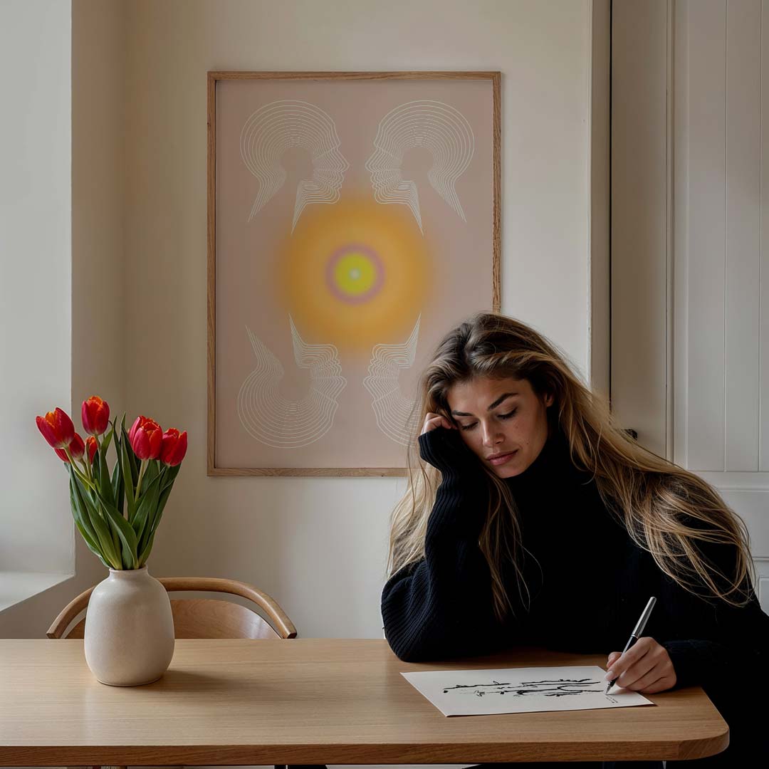 Stralende Zonsopgang in Abstracte Gezichtslijnen – staande muurposter met mindfulness uitstraling