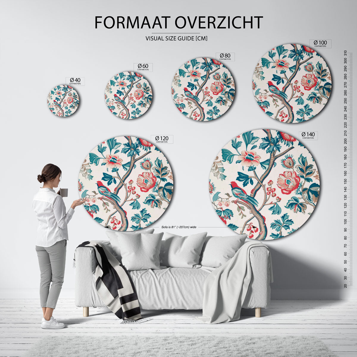 Vogels en bloemen – geïllustreerde wandkunst als moderne muurcirkel